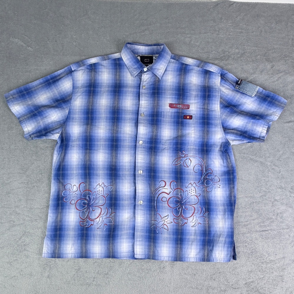 Bugle Boy Mens Sapphire Blue Plaid Hibiscus Embroidered SS Shirt XL BUN209